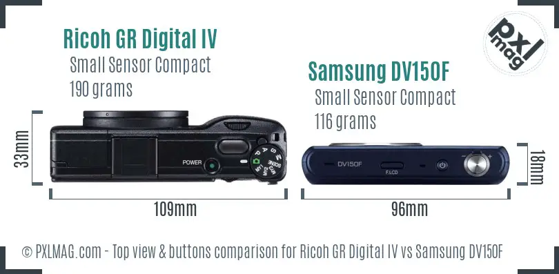 Ricoh GR Digital IV vs Samsung DV150F top view buttons comparison