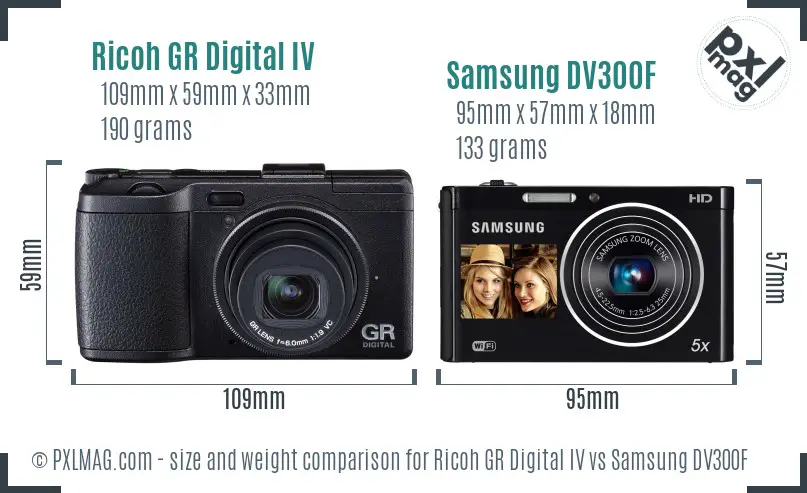 Ricoh GR Digital IV vs Samsung DV300F size comparison