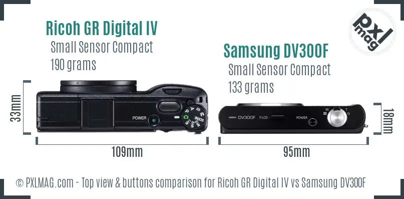 Ricoh GR Digital IV vs Samsung DV300F top view buttons comparison