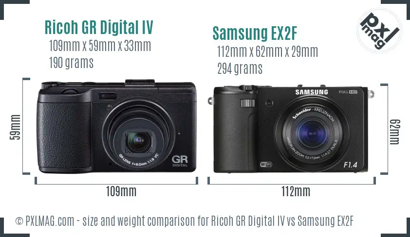 Ricoh GR Digital IV vs Samsung EX2F size comparison
