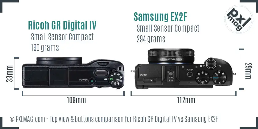 Ricoh GR Digital IV vs Samsung EX2F top view buttons comparison