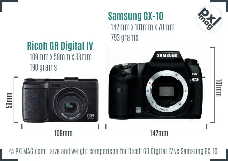 Ricoh GR Digital IV vs Samsung GX-10 size comparison