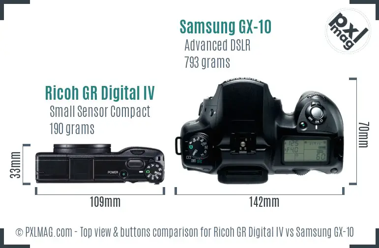 Ricoh GR Digital IV vs Samsung GX-10 top view buttons comparison