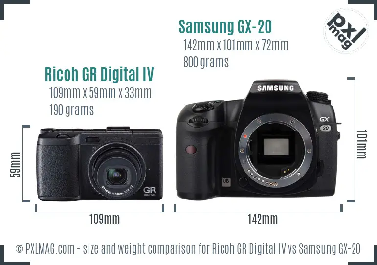 Ricoh GR Digital IV vs Samsung GX-20 size comparison