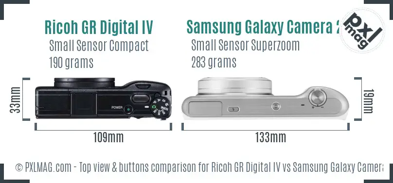 Ricoh GR Digital IV vs Samsung Galaxy Camera 2 top view buttons comparison