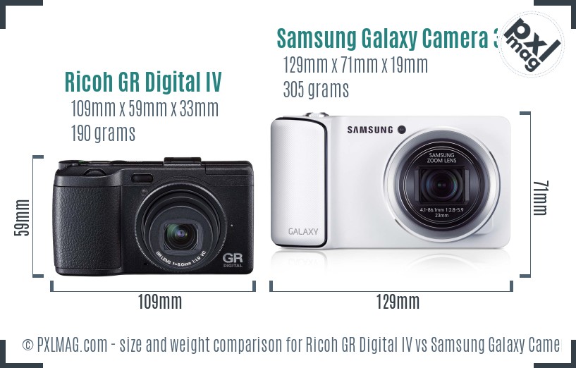 Ricoh GR Digital IV vs Samsung Galaxy Camera 3G size comparison