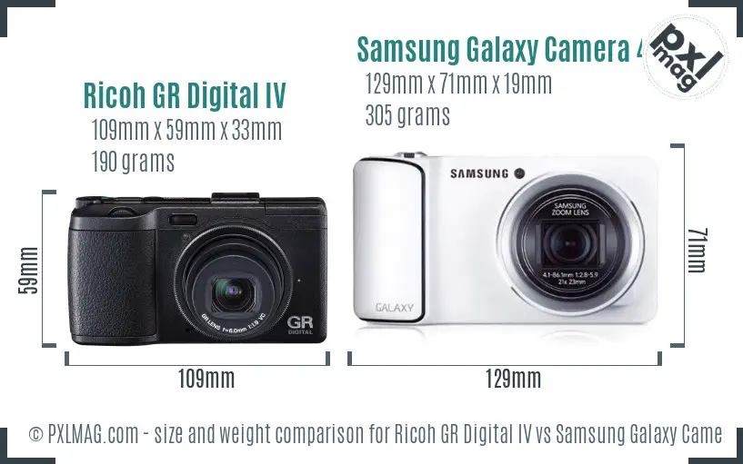 Ricoh GR Digital IV vs Samsung Galaxy Camera 4G size comparison