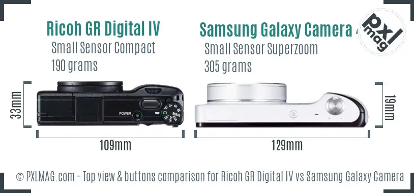 Ricoh GR Digital IV vs Samsung Galaxy Camera 4G top view buttons comparison