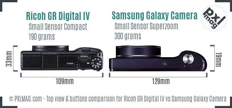 Ricoh GR Digital IV vs Samsung Galaxy Camera top view buttons comparison