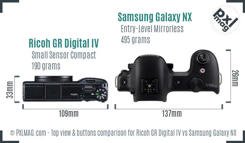 Ricoh GR Digital IV vs Samsung Galaxy NX top view buttons comparison