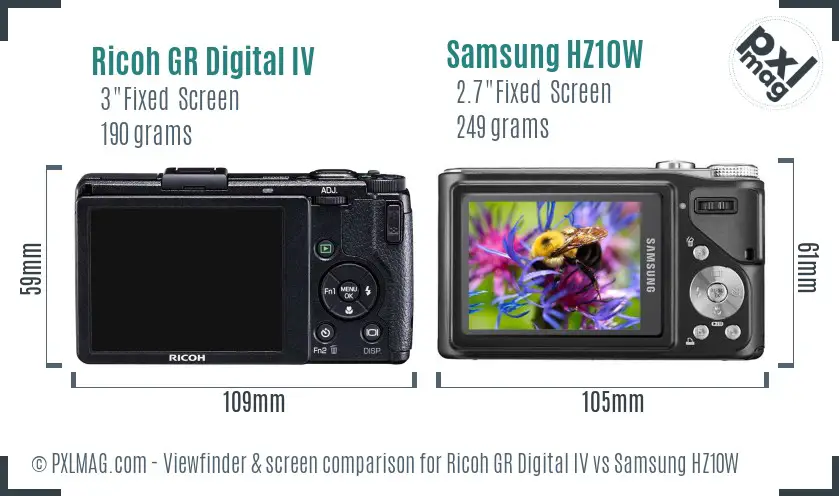 Ricoh GR Digital IV vs Samsung HZ10W Screen and Viewfinder comparison