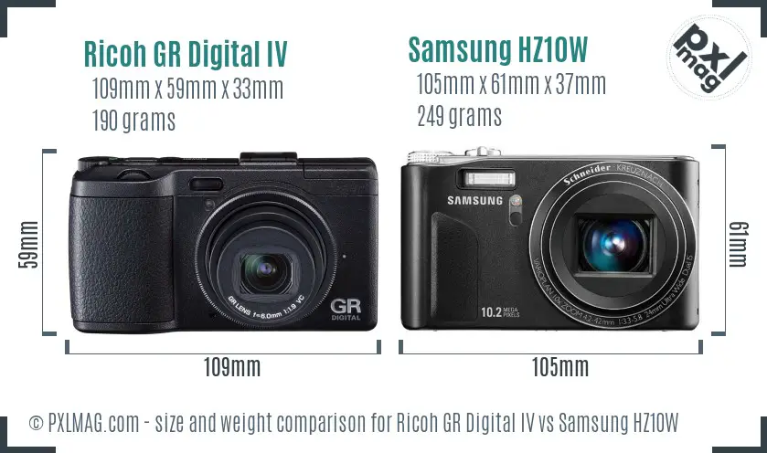 Ricoh GR Digital IV vs Samsung HZ10W size comparison
