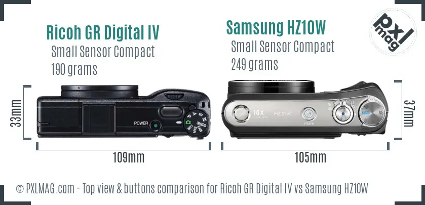 Ricoh GR Digital IV vs Samsung HZ10W top view buttons comparison
