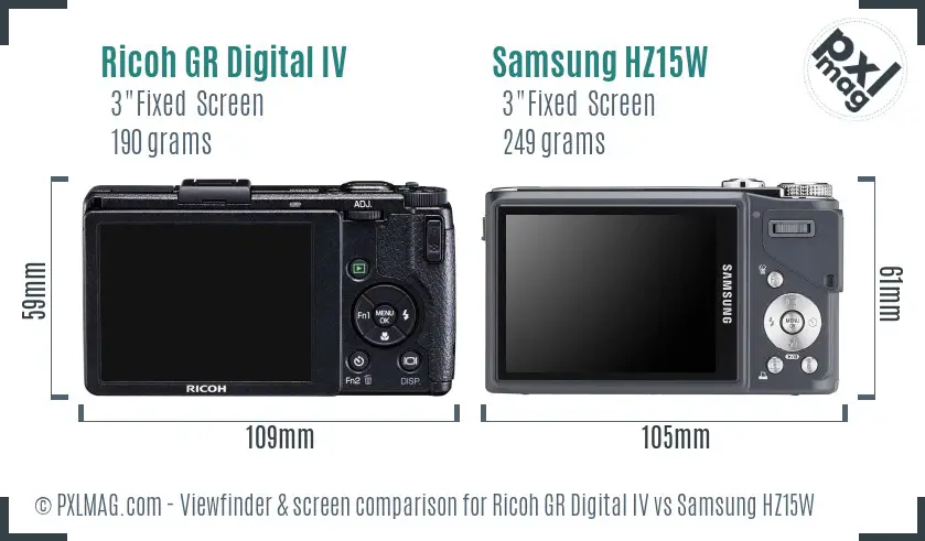 Ricoh GR Digital IV vs Samsung HZ15W Screen and Viewfinder comparison