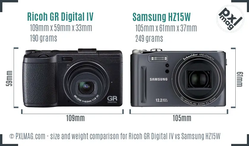 Ricoh GR Digital IV vs Samsung HZ15W size comparison