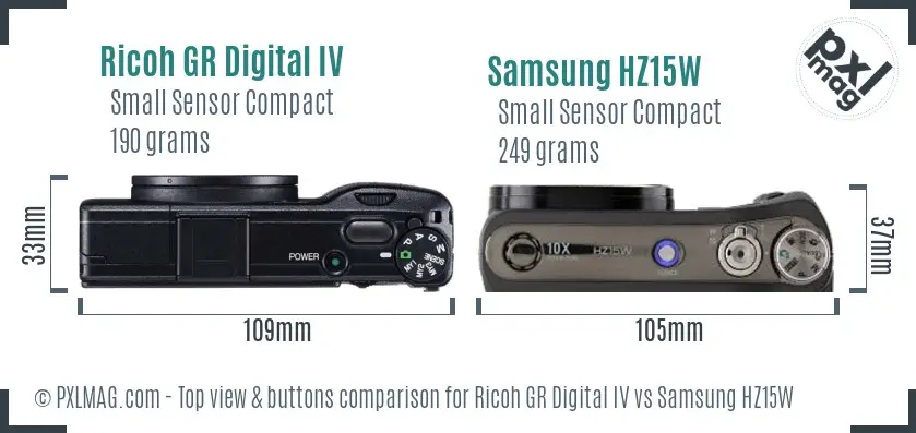 Ricoh GR Digital IV vs Samsung HZ15W top view buttons comparison