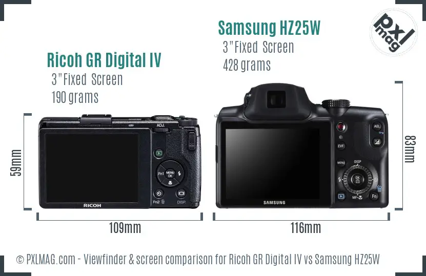 Ricoh GR Digital IV vs Samsung HZ25W Screen and Viewfinder comparison