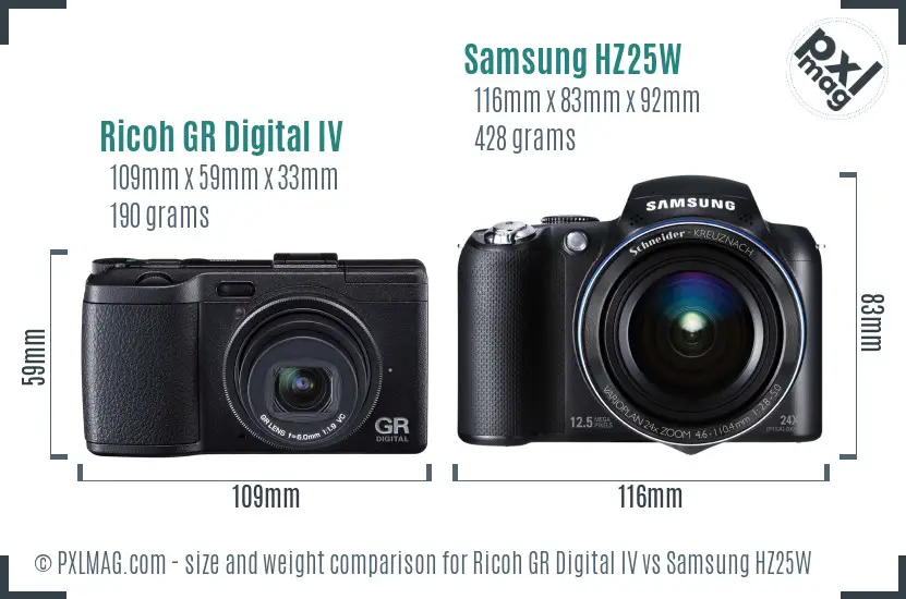 Ricoh GR Digital IV vs Samsung HZ25W size comparison