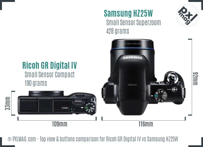 Ricoh GR Digital IV vs Samsung HZ25W top view buttons comparison