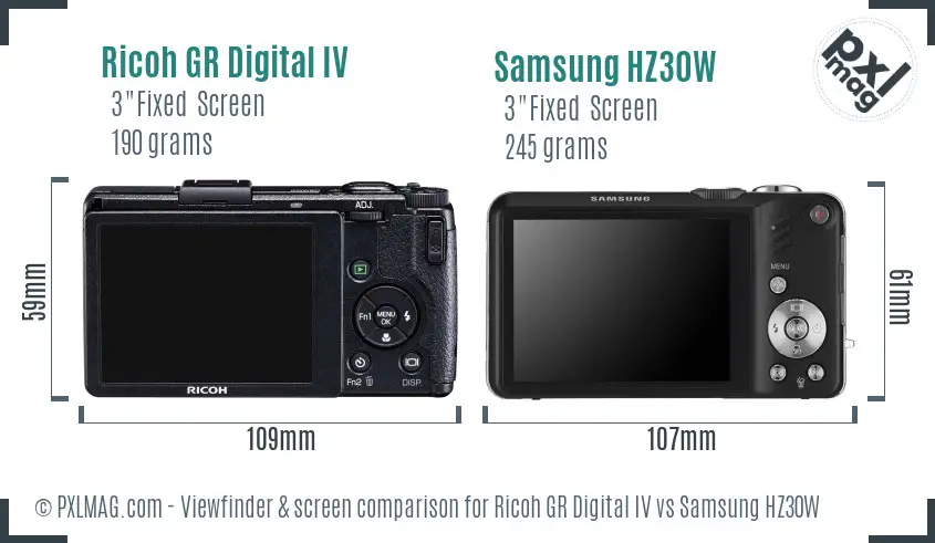 Ricoh GR Digital IV vs Samsung HZ30W Screen and Viewfinder comparison