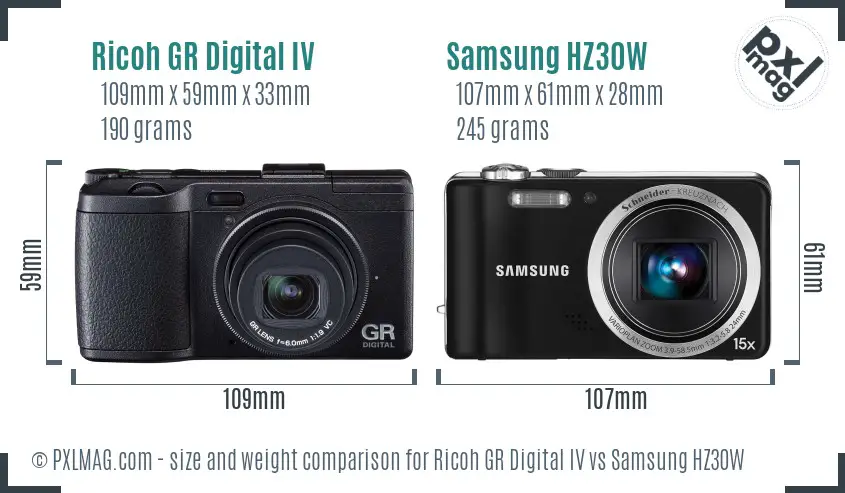Ricoh GR Digital IV vs Samsung HZ30W size comparison