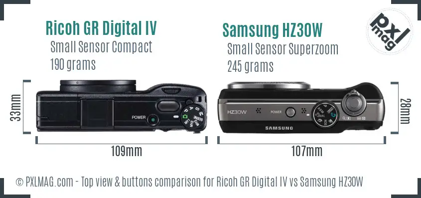 Ricoh GR Digital IV vs Samsung HZ30W top view buttons comparison
