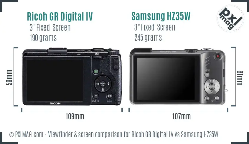 Ricoh GR Digital IV vs Samsung HZ35W Screen and Viewfinder comparison