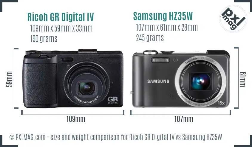 Ricoh GR Digital IV vs Samsung HZ35W size comparison