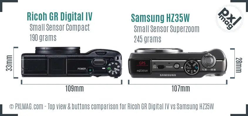Ricoh GR Digital IV vs Samsung HZ35W top view buttons comparison