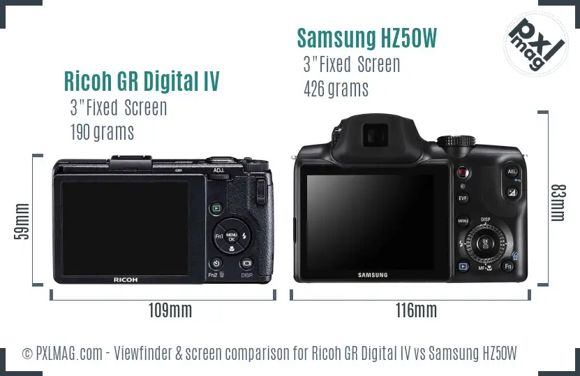 Ricoh GR Digital IV vs Samsung HZ50W Screen and Viewfinder comparison