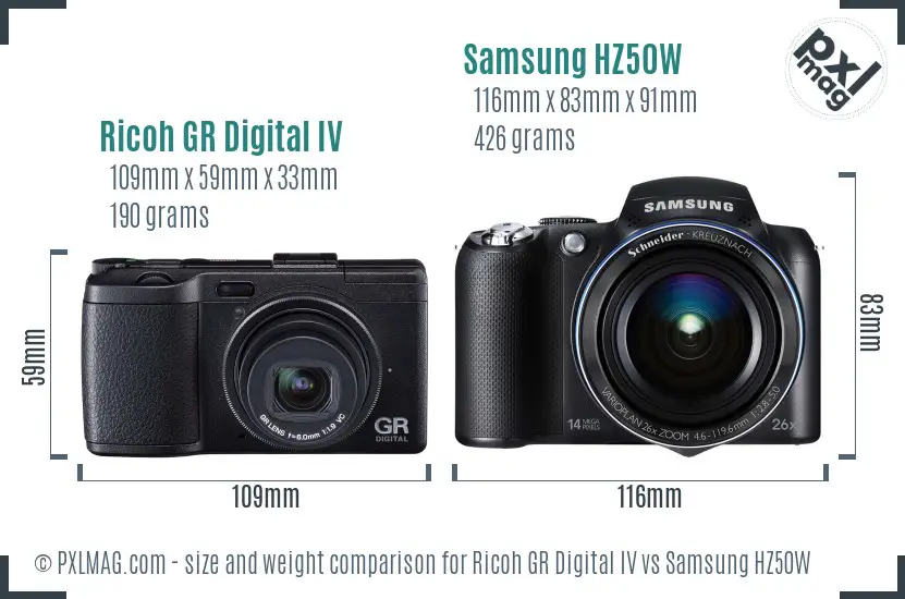 Ricoh GR Digital IV vs Samsung HZ50W size comparison
