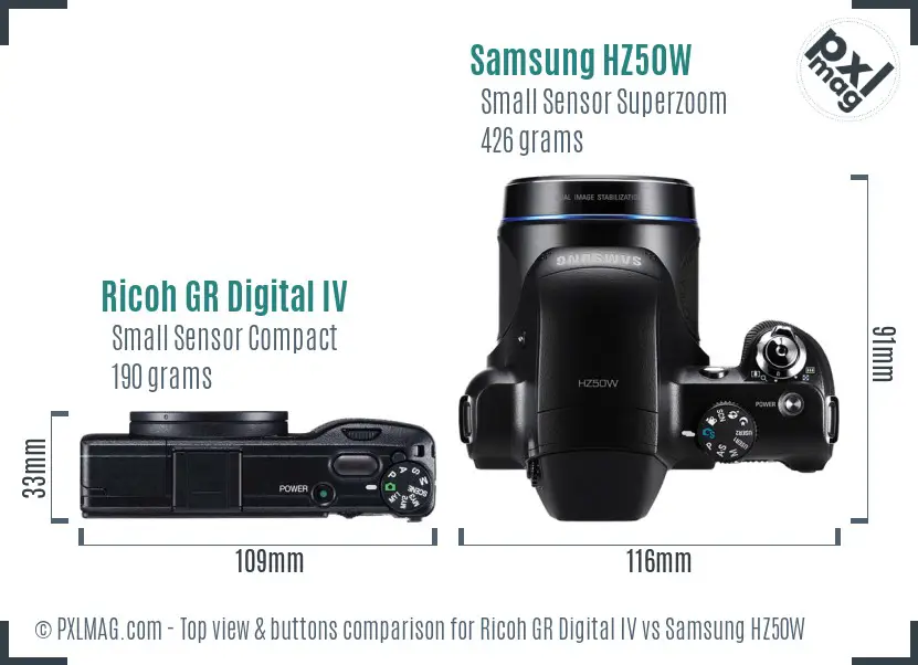 Ricoh GR Digital IV vs Samsung HZ50W top view buttons comparison