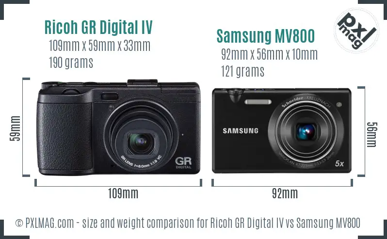 Ricoh GR Digital IV vs Samsung MV800 size comparison
