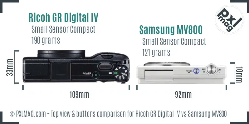 Ricoh GR Digital IV vs Samsung MV800 top view buttons comparison