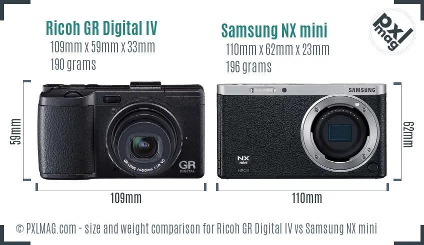 Ricoh GR Digital IV vs Samsung NX mini size comparison