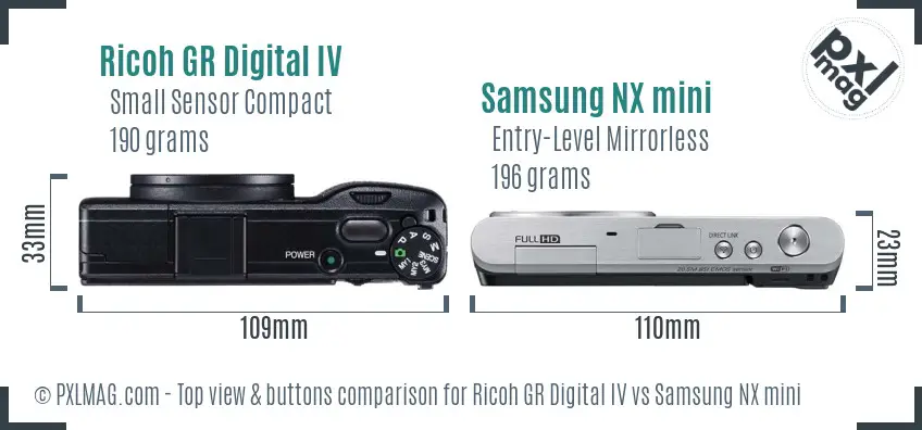 Ricoh GR Digital IV vs Samsung NX mini top view buttons comparison