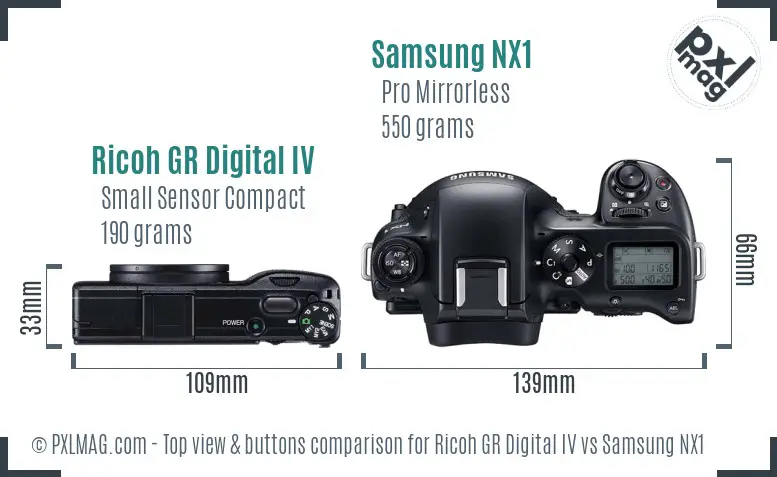 Ricoh GR Digital IV vs Samsung NX1 top view buttons comparison