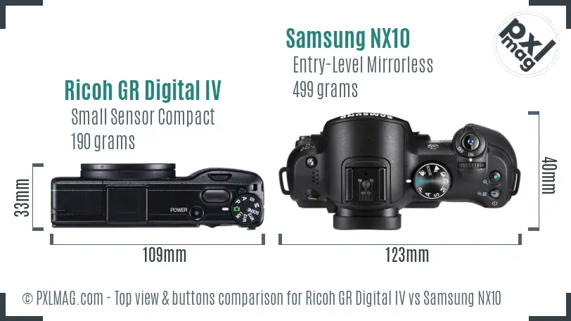 Ricoh GR Digital IV vs Samsung NX10 top view buttons comparison