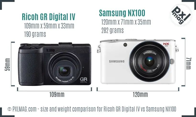 Ricoh GR Digital IV vs Samsung NX100 size comparison