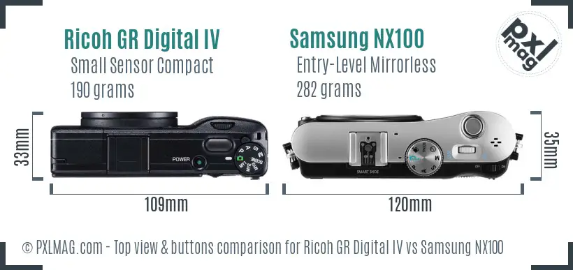 Ricoh GR Digital IV vs Samsung NX100 top view buttons comparison