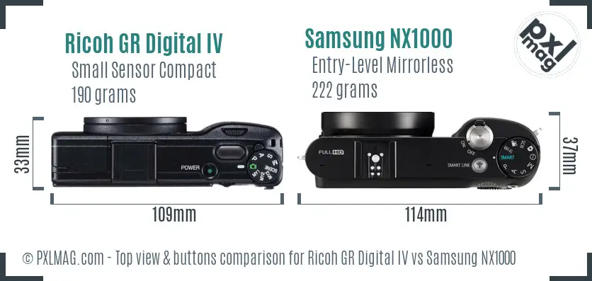 Ricoh GR Digital IV vs Samsung NX1000 top view buttons comparison