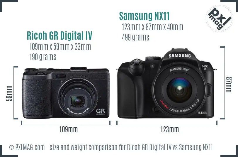 Ricoh GR Digital IV vs Samsung NX11 size comparison