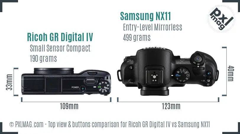 Ricoh GR Digital IV vs Samsung NX11 top view buttons comparison
