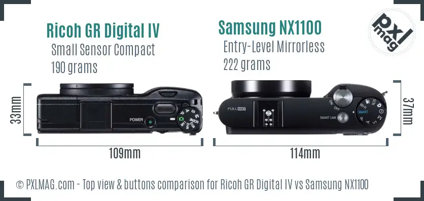 Ricoh GR Digital IV vs Samsung NX1100 top view buttons comparison