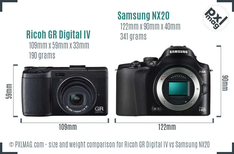 Ricoh GR Digital IV vs Samsung NX20 size comparison