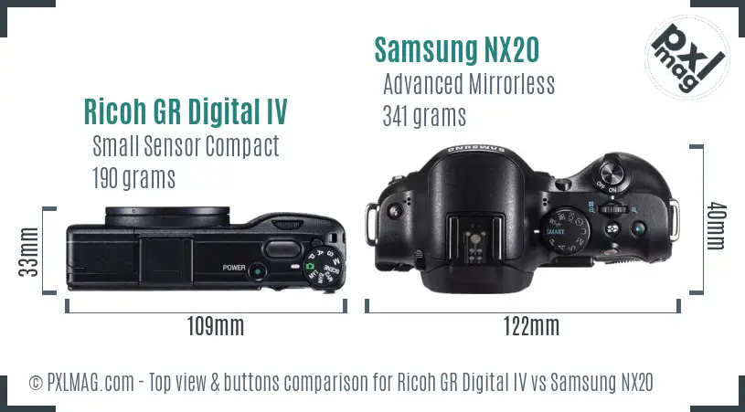 Ricoh GR Digital IV vs Samsung NX20 top view buttons comparison