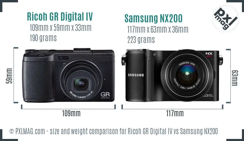 Ricoh GR Digital IV vs Samsung NX200 size comparison
