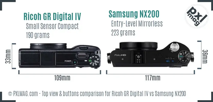 Ricoh GR Digital IV vs Samsung NX200 top view buttons comparison
