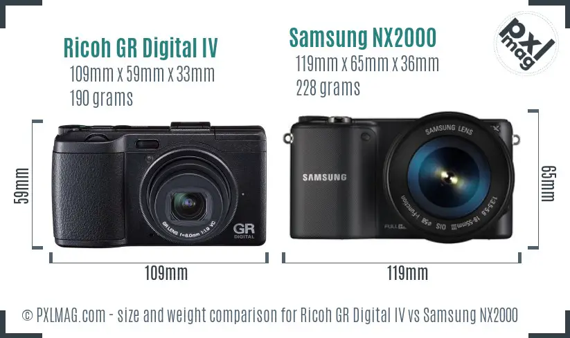 Ricoh GR Digital IV vs Samsung NX2000 size comparison