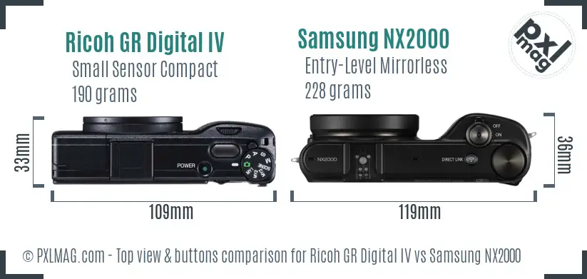 Ricoh GR Digital IV vs Samsung NX2000 top view buttons comparison